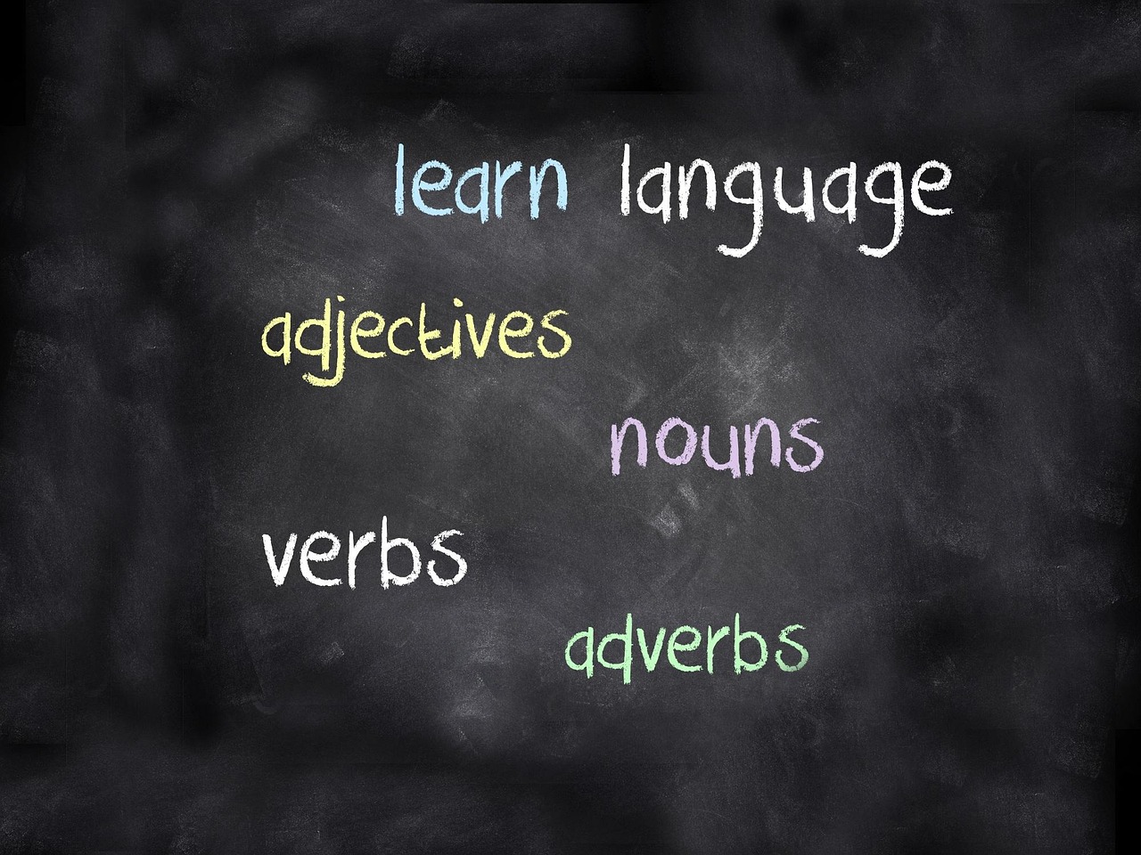 Chalkboard with colorful chalk text highlighting parts of speech: learn, language, adjectives, nouns, verbs, adverbs.